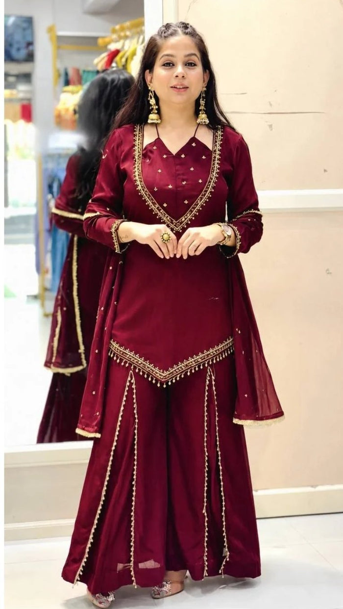 Maroon Roman Silk Sharara Suit