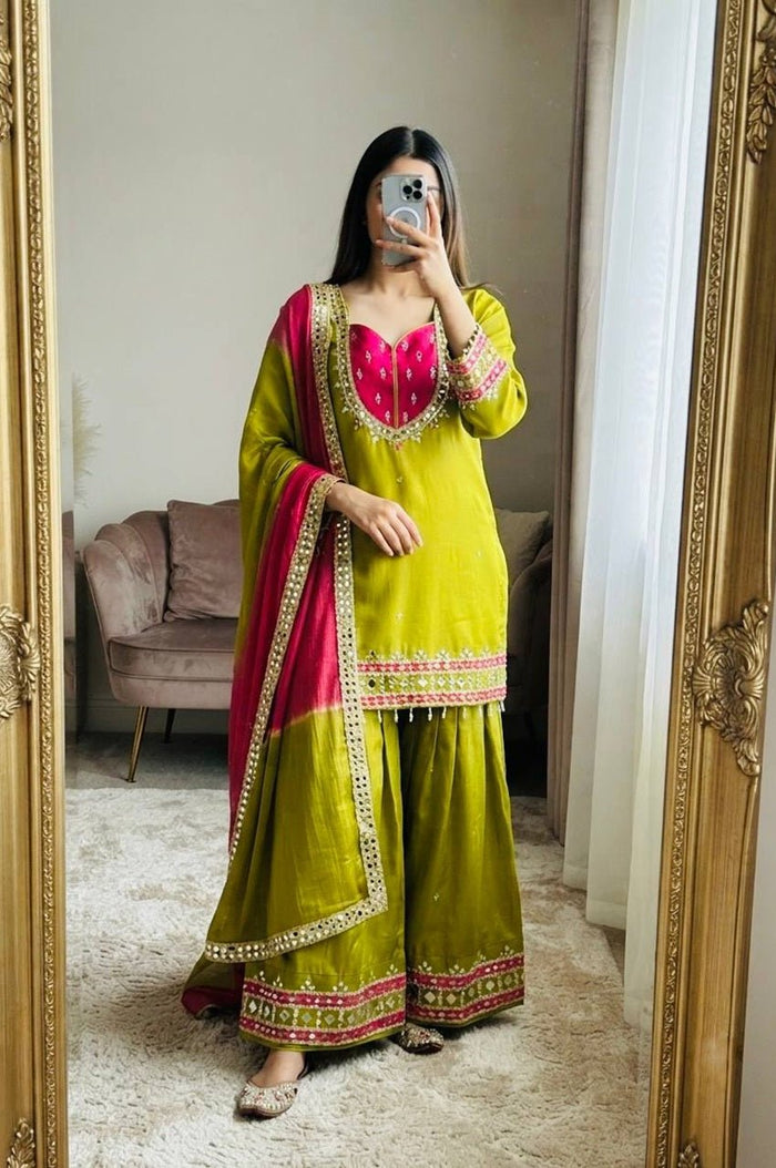 Mehndi Green Silk Sharara Suit