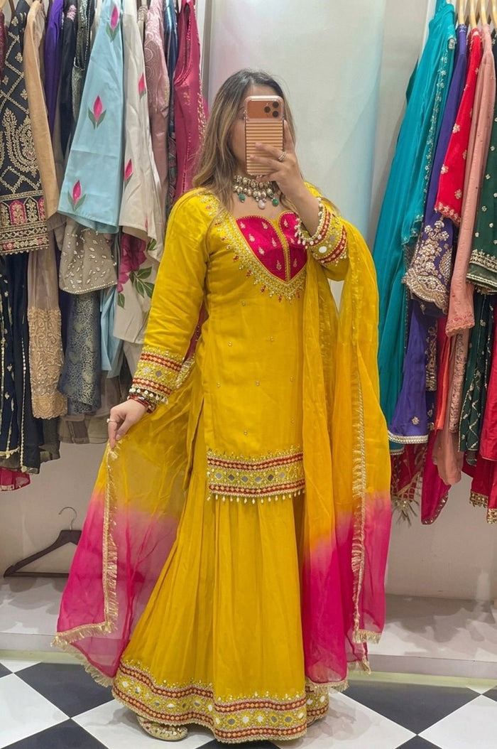 Mustard Yellow Silk Sharara Suit
