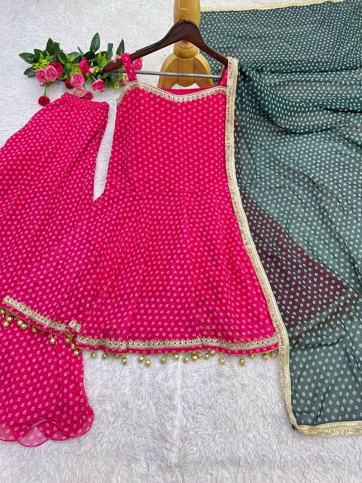 Rani Pink Bandhani Print Georgette Sharara Set