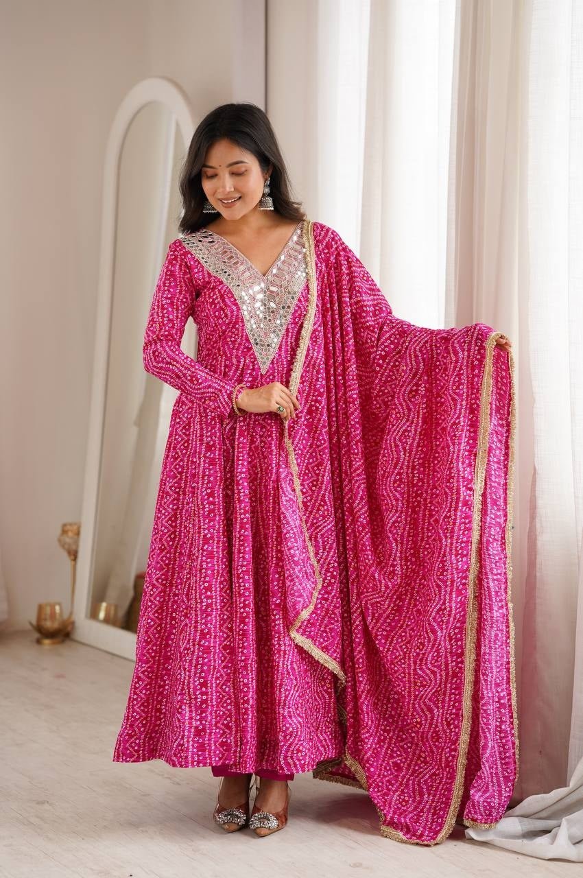 Rani Pink Bandhani Print Rayon Anarkali Suit