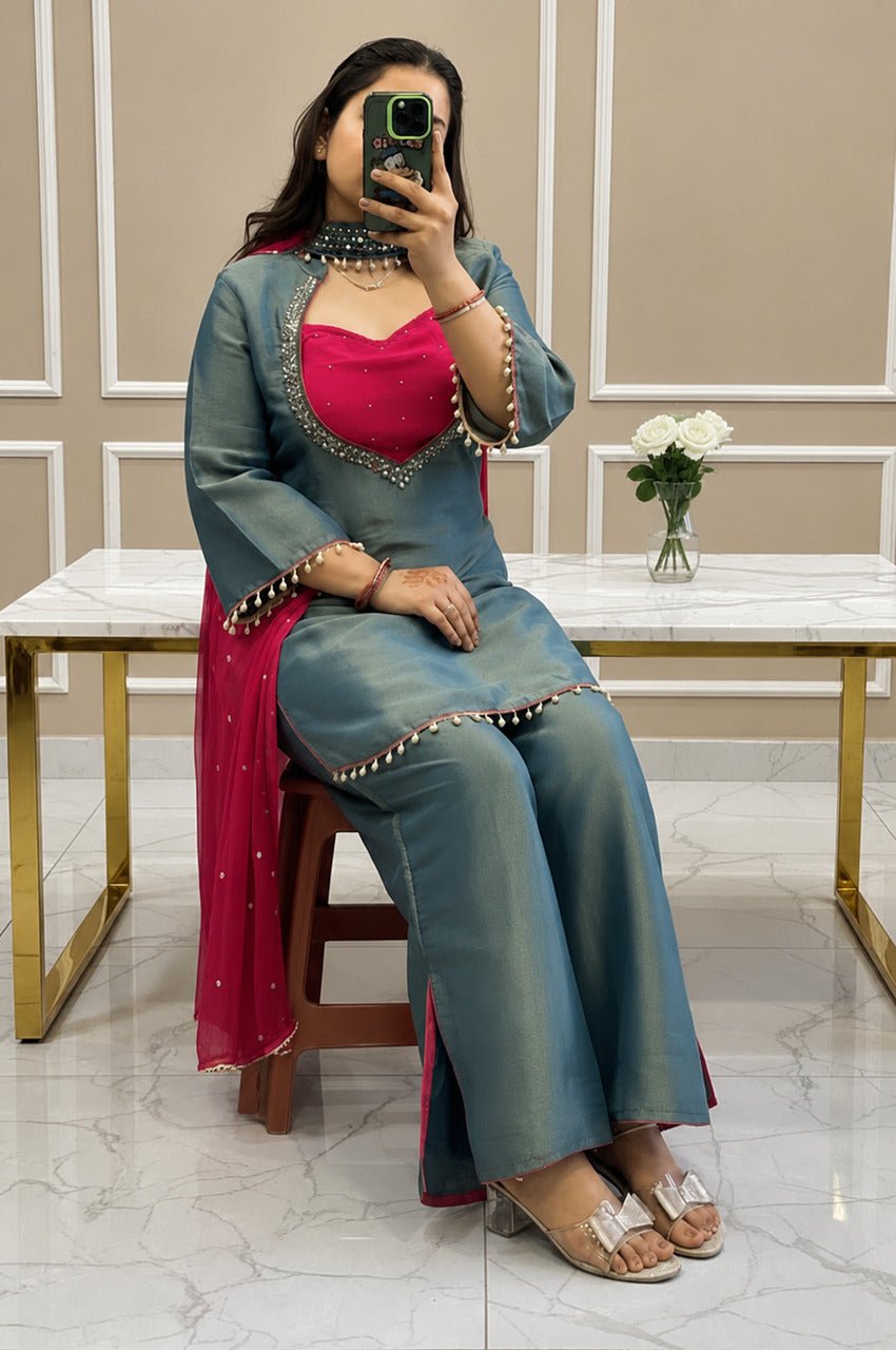 Teal Roman Silk Palazzo Suit