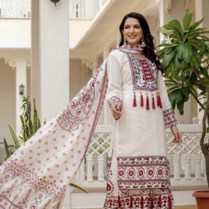 TRENDING TOP WITH PRINTED WORK AND REAL MIRROR WORK WITH PLAZZO AND DUPATTA SET