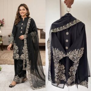 PAKISTANI SUIT WITH EMBROIDERED WORKED TOP, PLAZZO AND DUPATTA
