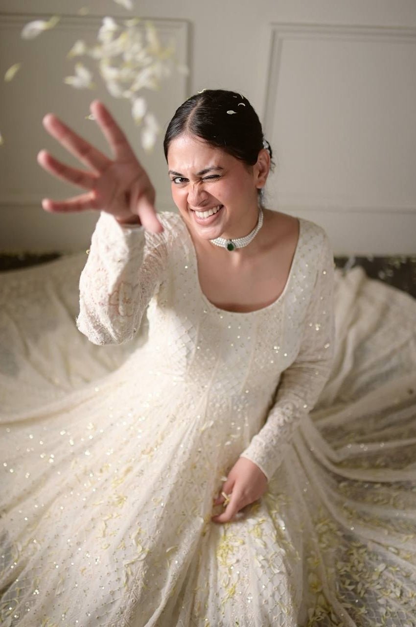 Off White Lucknowi Special Readymade Anarkali Suit Set Off White Lucknowi Special Readymade Anarkali Suit Set