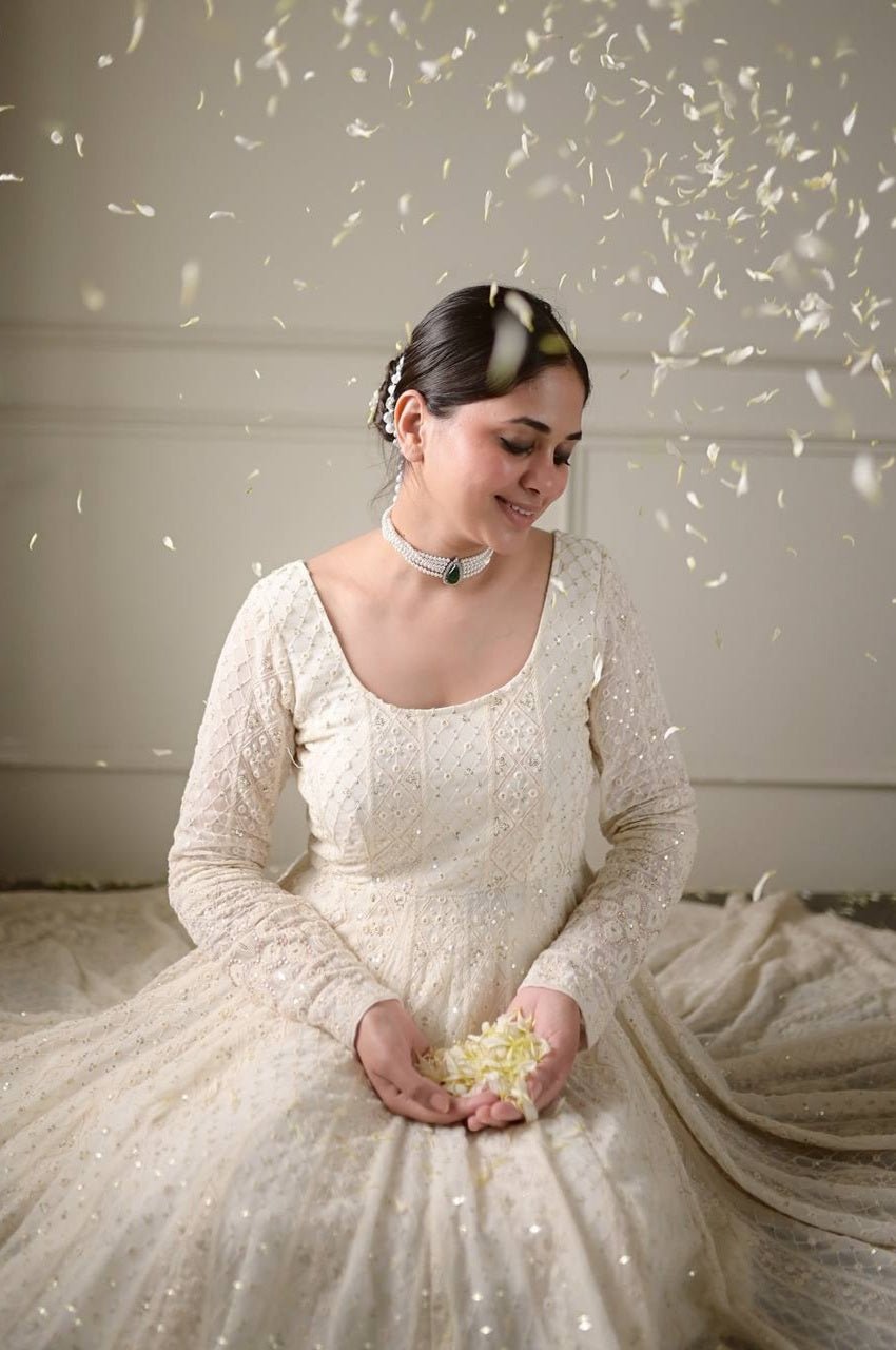 Off White Lucknowi Special Readymade Anarkali Suit Set Off White Lucknowi Special Readymade Anarkali Suit Set