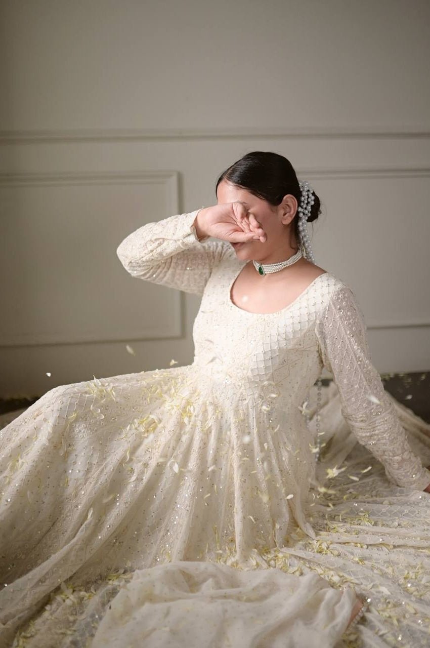Off White Lucknowi Special Readymade Anarkali Suit Set Off White Lucknowi Special Readymade Anarkali Suit Set