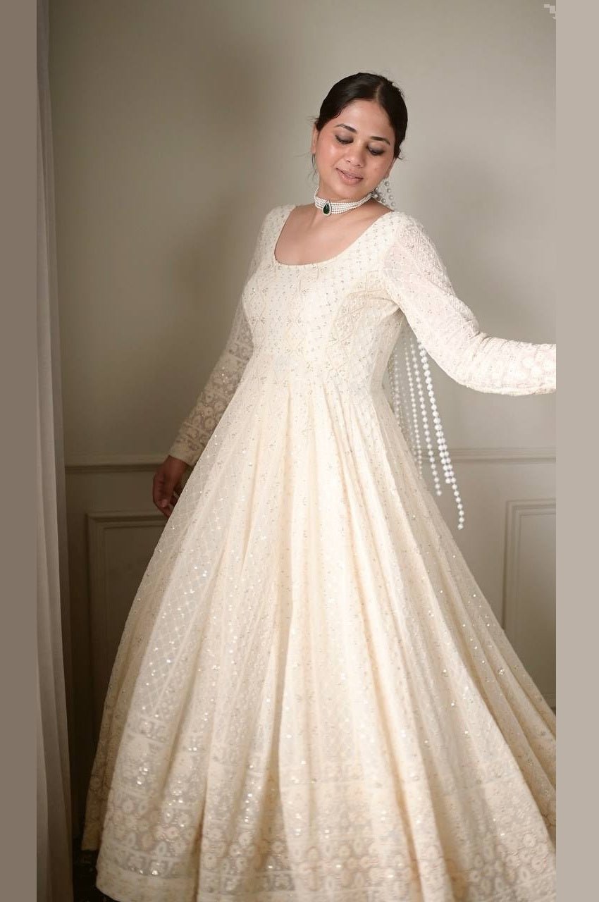 Off White Lucknowi Special Readymade Anarkali Suit Set Off White Lucknowi Special Readymade Anarkali Suit Set