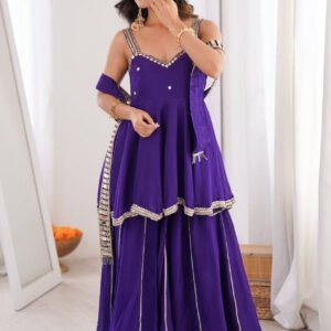 Purple Chinon Palazzo Suit with Original Mirror Work