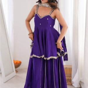 Purple Chinon Palazzo Suit with Original Mirror Work