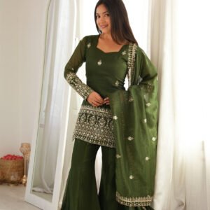 Rangoon Green Crunchy Silk Kurti Set with Bell Bottom Pants and Dupatta
