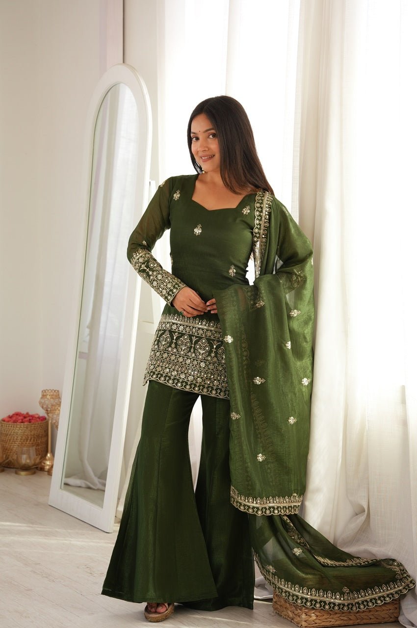 Rangoon Green Crunchy Silk Kurti Set with Bell Bottom Pants and Dupatta Rangoon Green Crunchy Silk Kurti Set with Bell Bottom Pants and Dupatta