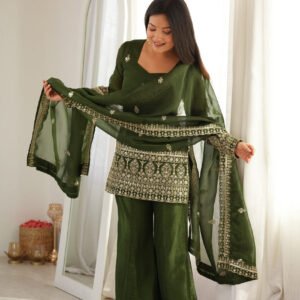 Rangoon Green Crunchy Silk Kurti Set with Bell Bottom Pants and Dupatta