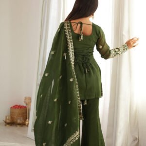 Rangoon Green Crunchy Silk Kurti Set with Bell Bottom Pants and Dupatta