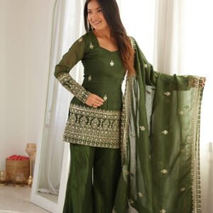 Rangoon Green Crunchy Silk Kurti Set with Bell Bottom Pants and Dupatta