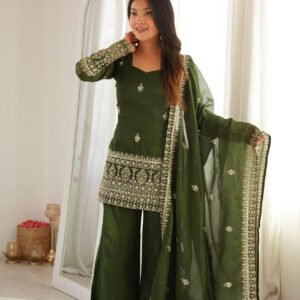 Rangoon Green Crunchy Silk Kurti Set with Bell Bottom Pants and Dupatta