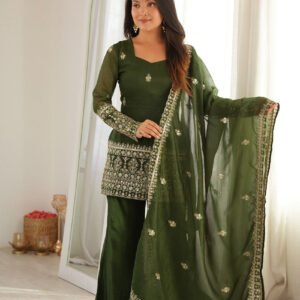 Rangoon Green Crunchy Silk Kurti Set with Bell Bottom Pants and Dupatta