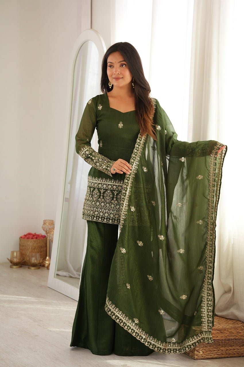 Rangoon Green Crunchy Silk Kurti Set with Bell Bottom Pants and Dupatta Rangoon Green Crunchy Silk Kurti Set with Bell Bottom Pants and Dupatta