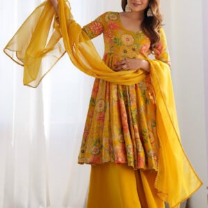 Premium Mustard Yellow Floral Printed Chanderi Silk Kurta Kediya Palazzo Set with Organza Dupatta
