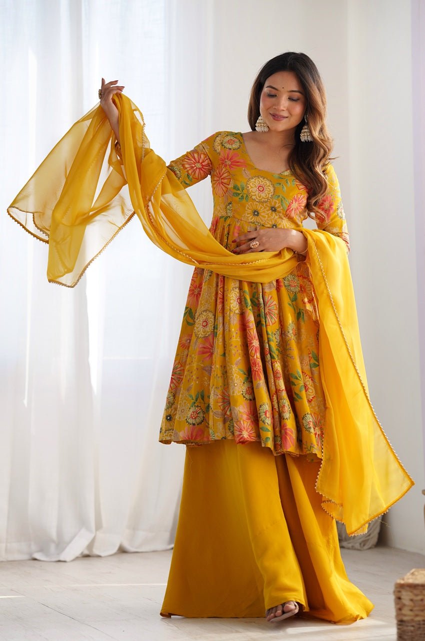 Premium Mustard Yellow Floral Printed Chanderi Silk Kurta Kediya Palazzo Set with Organza Dupatta Premium Mustard Yellow Floral Printed Chanderi Silk Kurta Kediya Palazzo Set with Organza Dupatta