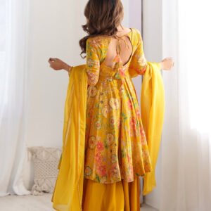 Premium Mustard Yellow Floral Printed Chanderi Silk Kurta Kediya Palazzo Set with Organza Dupatta