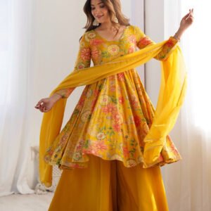 Premium Mustard Yellow Floral Printed Chanderi Silk Kurta Kediya Palazzo Set with Organza Dupatta