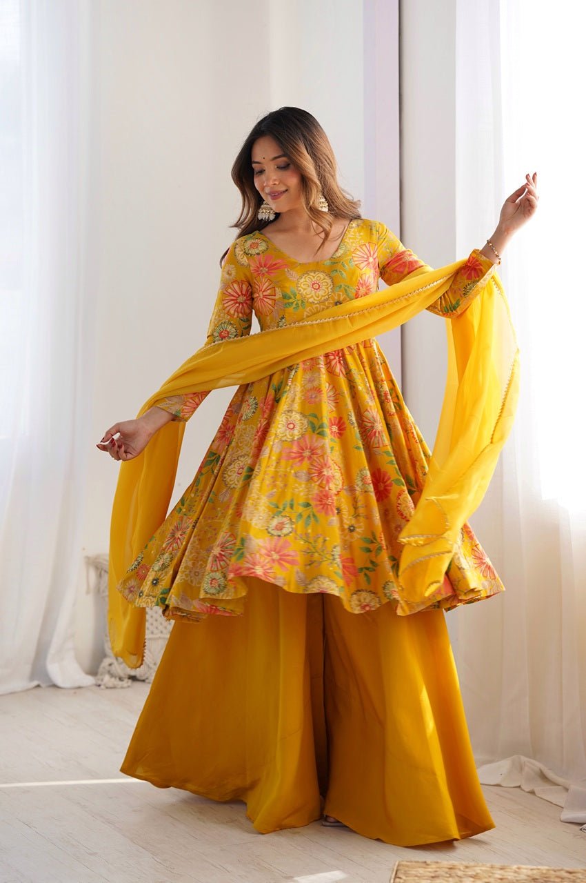Premium Mustard Yellow Floral Printed Chanderi Silk Kurta Kediya Palazzo Set with Organza Dupatta Premium Mustard Yellow Floral Printed Chanderi Silk Kurta Kediya Palazzo Set with Organza Dupatta