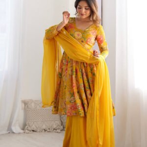 Premium Mustard Yellow Floral Printed Chanderi Silk Kurta Kediya Palazzo Set with Organza Dupatta