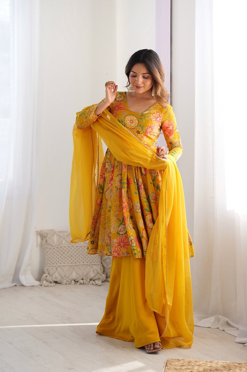 Premium Mustard Yellow Floral Printed Chanderi Silk Kurta Kediya Palazzo Set with Organza Dupatta Premium Mustard Yellow Floral Printed Chanderi Silk Kurta Kediya Palazzo Set with Organza Dupatta