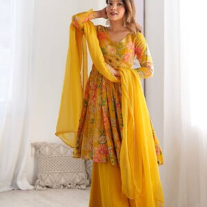 Premium Mustard Yellow Floral Printed Chanderi Silk Kurta Kediya Palazzo Set with Organza Dupatta