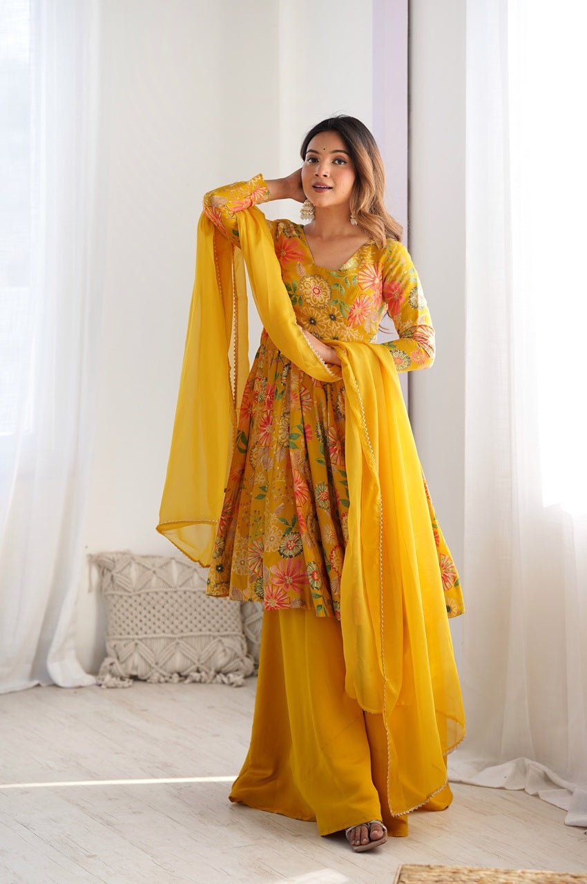 Premium Mustard Yellow Floral Printed Chanderi Silk Kurta Kediya Palazzo Set with Organza Dupatta Premium Mustard Yellow Floral Printed Chanderi Silk Kurta Kediya Palazzo Set with Organza Dupatta