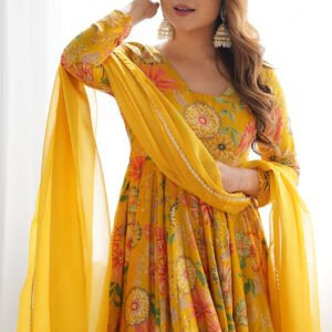 Premium Mustard Yellow Floral Printed Chanderi Silk Kurta Kediya Palazzo Set with Organza Dupatta