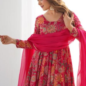 Premium Rani Pink Floral Printed Chanderi Silk Kurta Kediya Palazzo Set with Organza Dupatta