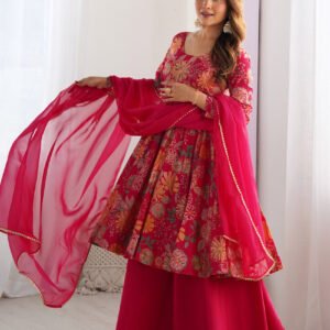 Premium Rani Pink Floral Printed Chanderi Silk Kurta Kediya Palazzo Set with Organza Dupatta