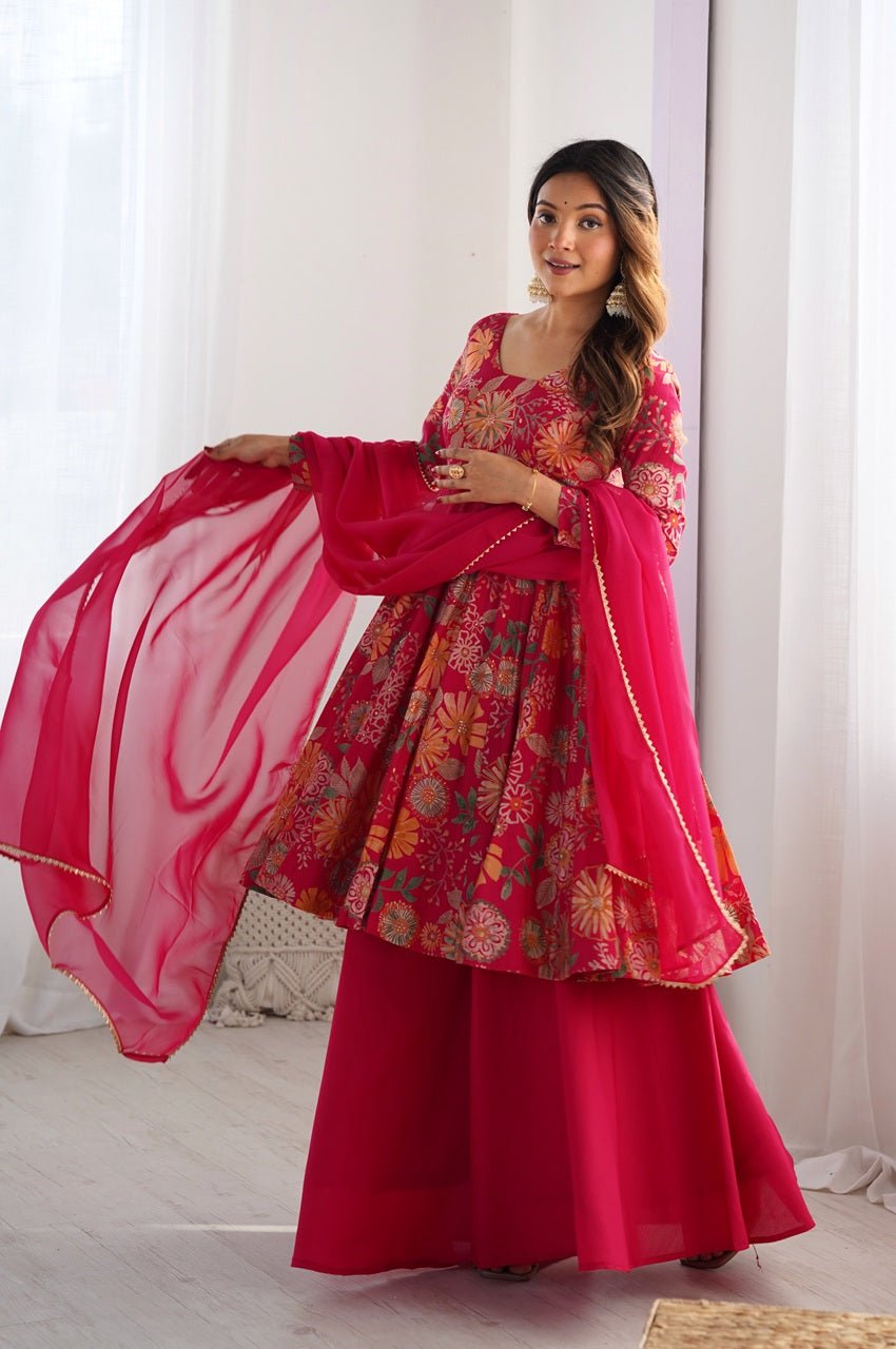 Premium Rani Pink Floral Printed Chanderi Silk Kurta Kediya Palazzo Set with Organza Dupatta Premium Rani Pink Floral Printed Chanderi Silk Kurta Kediya Palazzo Set with Organza Dupatta