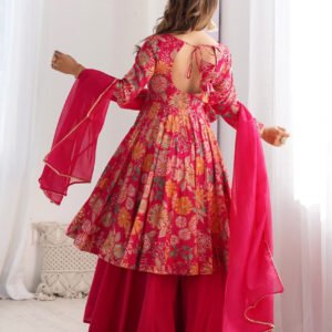 Premium Rani Pink Floral Printed Chanderi Silk Kurta Kediya Palazzo Set with Organza Dupatta
