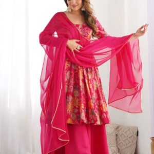 Premium Rani Pink Floral Printed Chanderi Silk Kurta Kediya Palazzo Set with Organza Dupatta