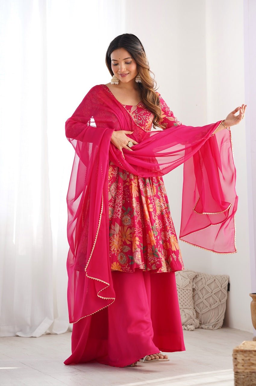Premium Rani Pink Floral Printed Chanderi Silk Kurta Kediya Palazzo Set with Organza Dupatta Premium Rani Pink Floral Printed Chanderi Silk Kurta Kediya Palazzo Set with Organza Dupatta