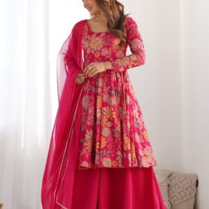 Premium Rani Pink Floral Printed Chanderi Silk Kurta Kediya Palazzo Set with Organza Dupatta