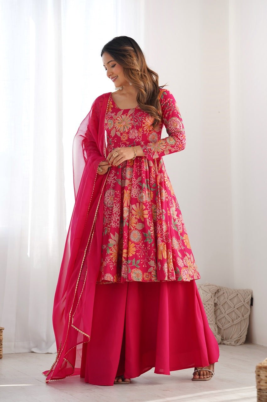 Premium Rani Pink Floral Printed Chanderi Silk Kurta Kediya Palazzo Set with Organza Dupatta Premium Rani Pink Floral Printed Chanderi Silk Kurta Kediya Palazzo Set with Organza Dupatta
