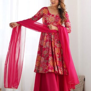 Premium Rani Pink Floral Printed Chanderi Silk Kurta Kediya Palazzo Set with Organza Dupatta