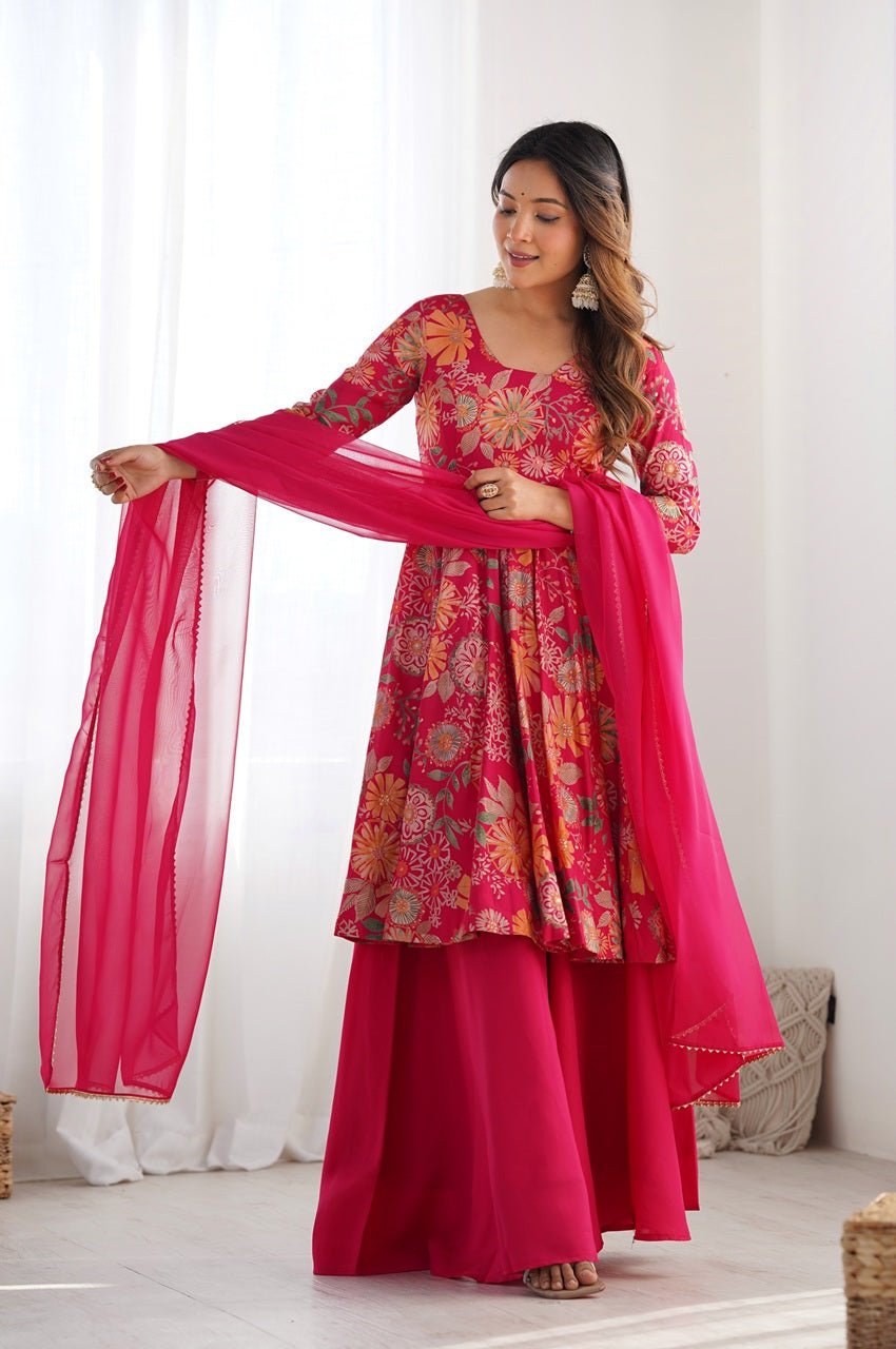Premium Rani Pink Floral Printed Chanderi Silk Kurta Kediya Palazzo Set with Organza Dupatta Premium Rani Pink Floral Printed Chanderi Silk Kurta Kediya Palazzo Set with Organza Dupatta