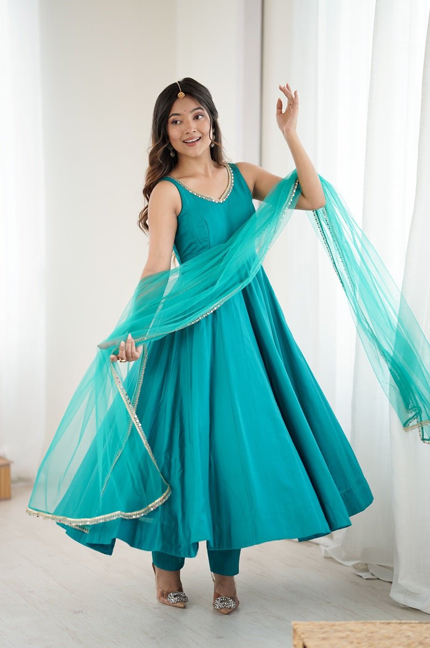 Turquoise Roman Silk Anarkali Suit Set Turquoise Roman Silk Anarkali Suit Set