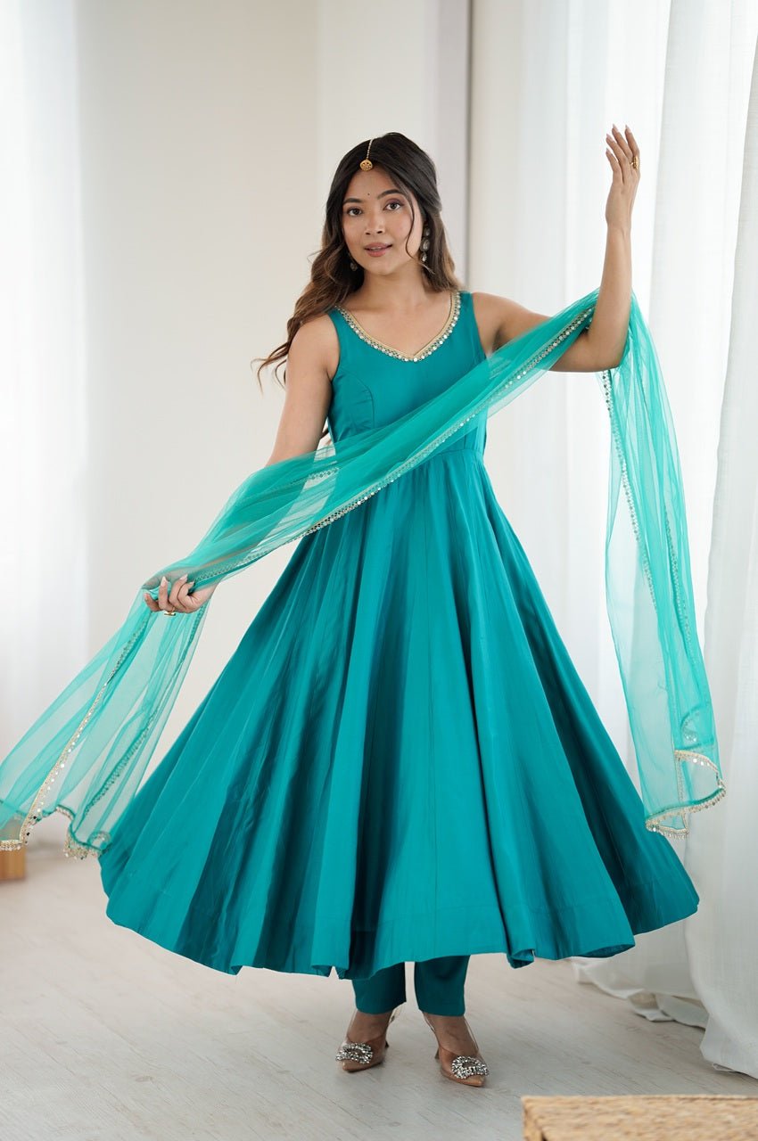 Turquoise Roman Silk Anarkali Suit Set Turquoise Roman Silk Anarkali Suit Set