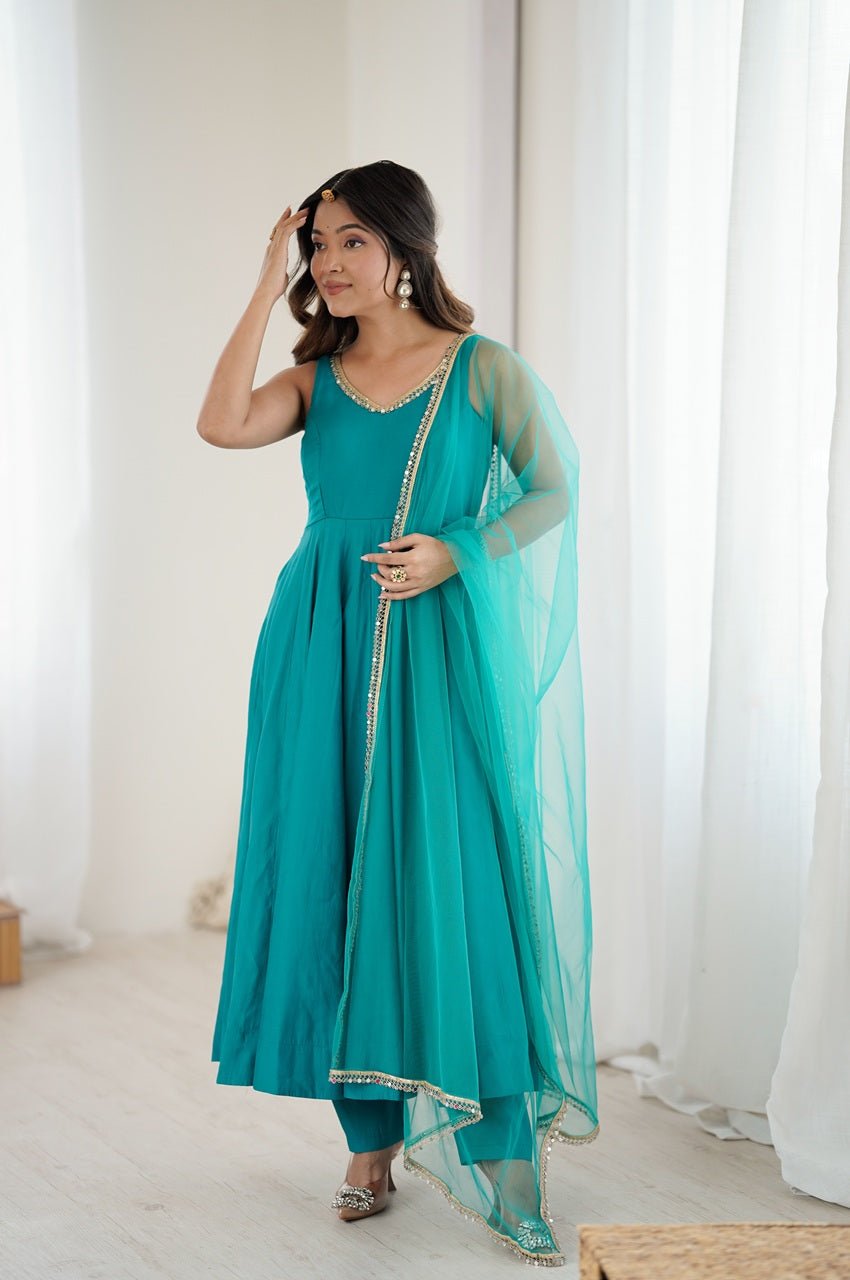 Turquoise Roman Silk Anarkali Suit Set Turquoise Roman Silk Anarkali Suit Set