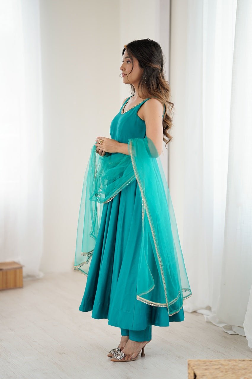 Turquoise Roman Silk Anarkali Suit Set Turquoise Roman Silk Anarkali Suit Set