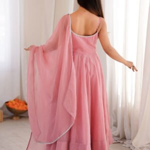 Elegant Rose Gold Crunchy Silk Anarkali Gown Set