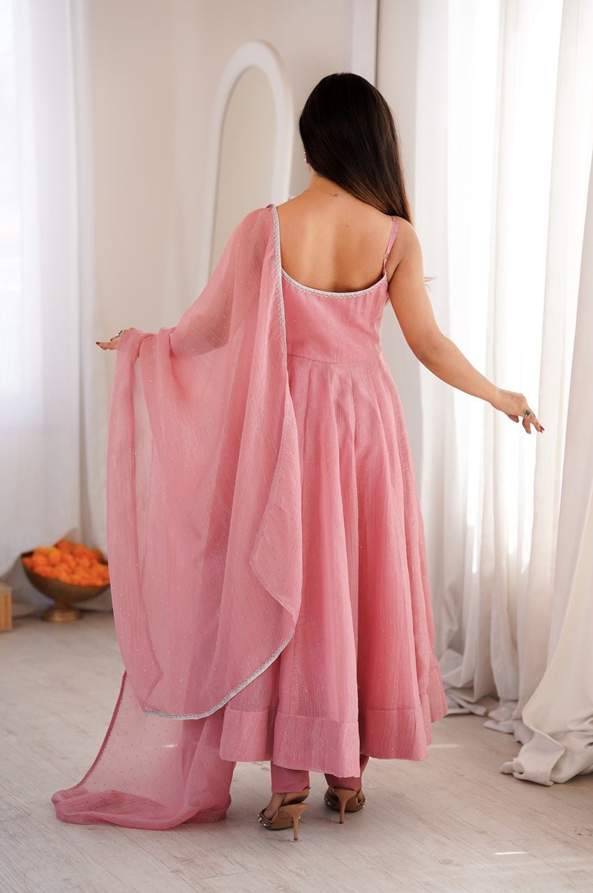 Elegant Rose Gold Crunchy Silk Anarkali Gown Set Elegant Rose Gold Crunchy Silk Anarkali Gown Set