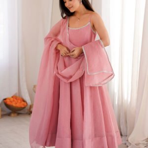 Elegant Rose Gold Crunchy Silk Anarkali Gown Set
