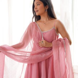 Elegant Rose Gold Crunchy Silk Anarkali Gown Set